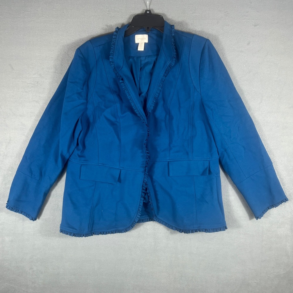 Chicos Womens Blazer Tagged Size 3 Blue Ruffle Trim Open Front Long Sleeve